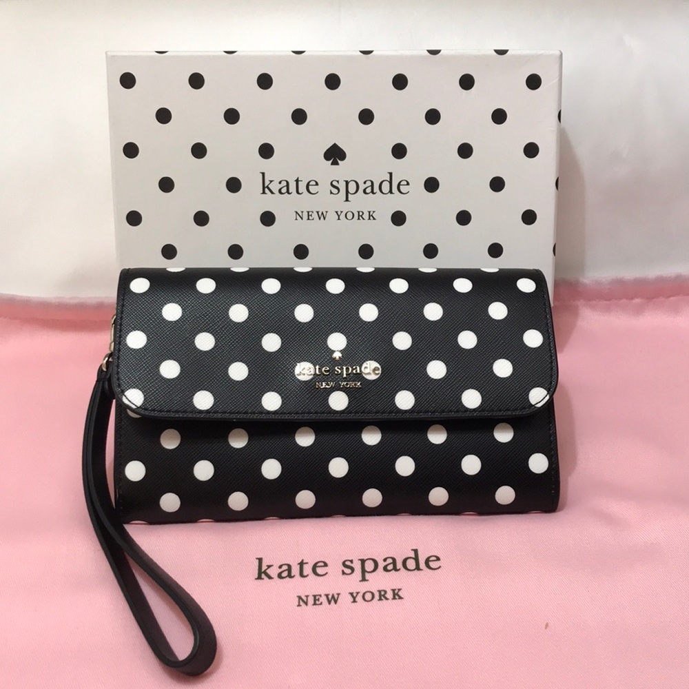 Kate Spade Cheers Boxed Medium Phone Wristlet Wallet Black & White Dots EUC